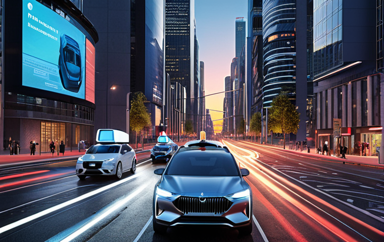**

A futuristic cityscape at dusk. Self-driving cars seamlessly navigate through well-lit streets. In the background, modern buildings with digital displays showcase innovative technologies. Focus on the smooth flow of traffic and the integration of autonomous vehicles with the urban environment.

**