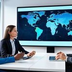 A diverse team of professional individuals, fully clothed in modest business attire, engaging in a global virtual meeting. They are seen in sleek, modern digital office environments, with translucent holographic screens displaying a world map connected by glowing digital lines, symbolizing seamless international collaboration. The atmosphere is highly professional and forward-thinking. Perfect anatomy, correct proportions, natural poses, well-formed hands, proper finger count, natural body proportions. High-quality professional photography, detailed, sharp focus, vibrant colors, appropriate content, safe for work, family-friendly.