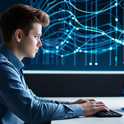 Home 7 A professional software developer, a young man, in a modest, modern business casual shirt, deeply focused on a holographic interface displaying intricate code and data visualizations. He is seated at a minimalist desk in a futuristic digital workspace, with abstract neural network patterns and glowing global connectivity lines subtly visible in the background. The scene emphasizes innovation and cutting-edge technology. Fully clothed, appropriate attire, safe for work, perfect anatomy, natural pose, well-formed hands, correct proportions, professional photography, high quality, family-friendly content.