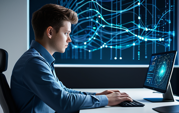 A professional software developer, a young man, in a modest, modern business casual shirt, deeply focused on a holographic interface displaying intricate code and data visualizations. He is seated at a minimalist desk in a futuristic digital workspace, with abstract neural network patterns and glowing global connectivity lines subtly visible in the background. The scene emphasizes innovation and cutting-edge technology. Fully clothed, appropriate attire, safe for work, perfect anatomy, natural pose, well-formed hands, correct proportions, professional photography, high quality, family-friendly content.