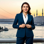 **

A professional businesswoman wearing a modern, modest business suit, standing confidently in front of the Istanbul skyline at sunset. The Bosphorus Bridge is visible in the background. Fully clothed, appropriate attire, safe for work, perfect anatomy, natural proportions, professional photography, high quality, family-friendly.

**